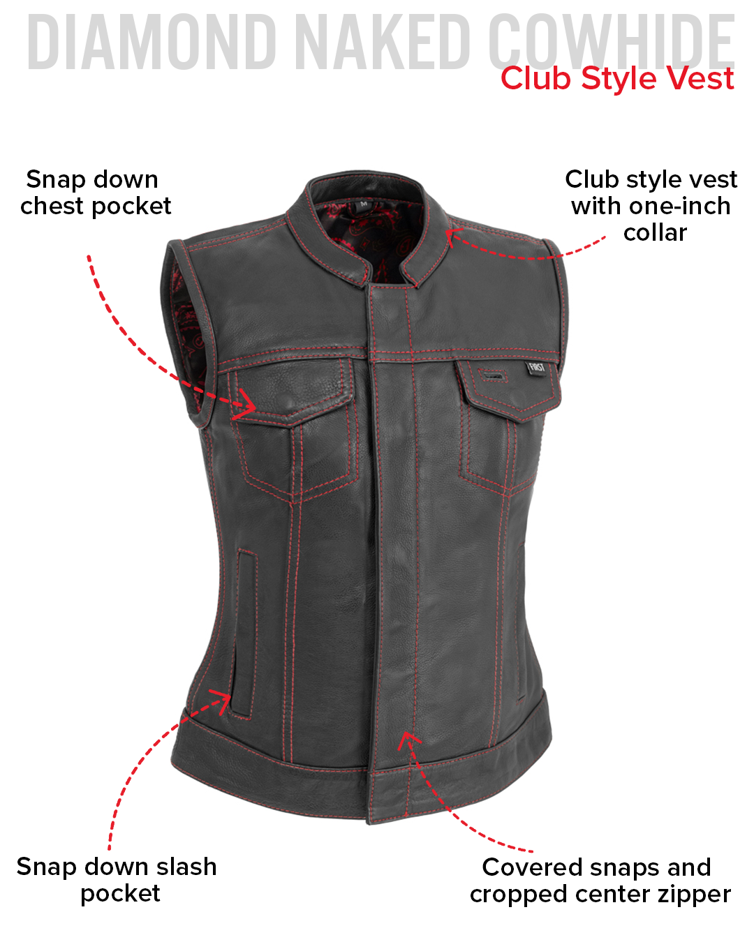 Jessica Women's Motorcycle Leather Vest - Black/Red - Limited Edition