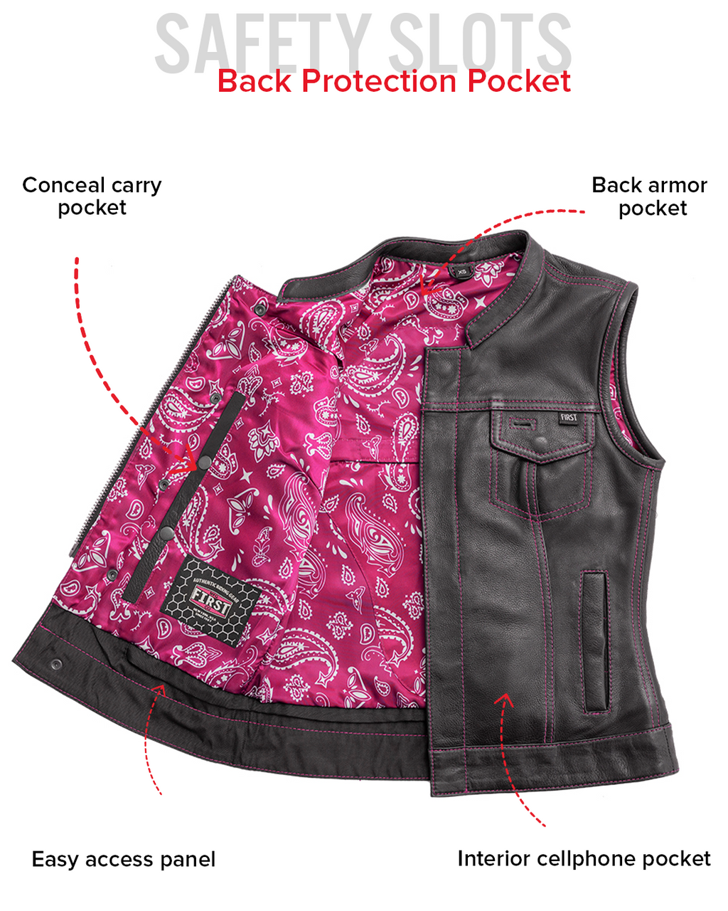 Jessica Women's  Motorcycle Leather Vest - Pink - Limited Edition