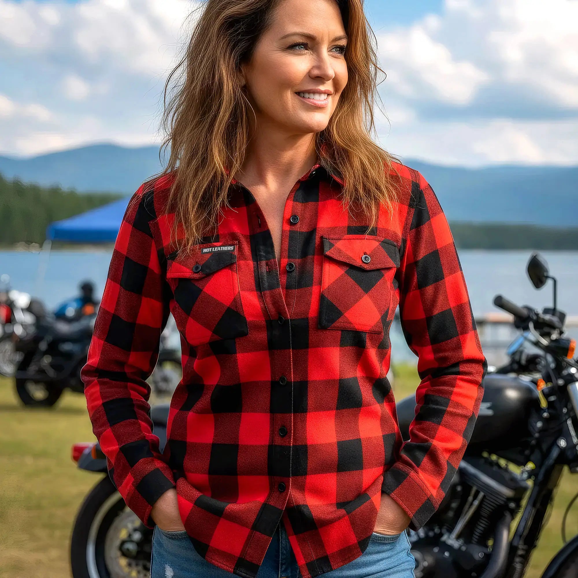 Hot Leathers Ladies 'Red Route' Black Cotton Flannel Shirt - Button Front - Riding - Casual Wear - FLL3002