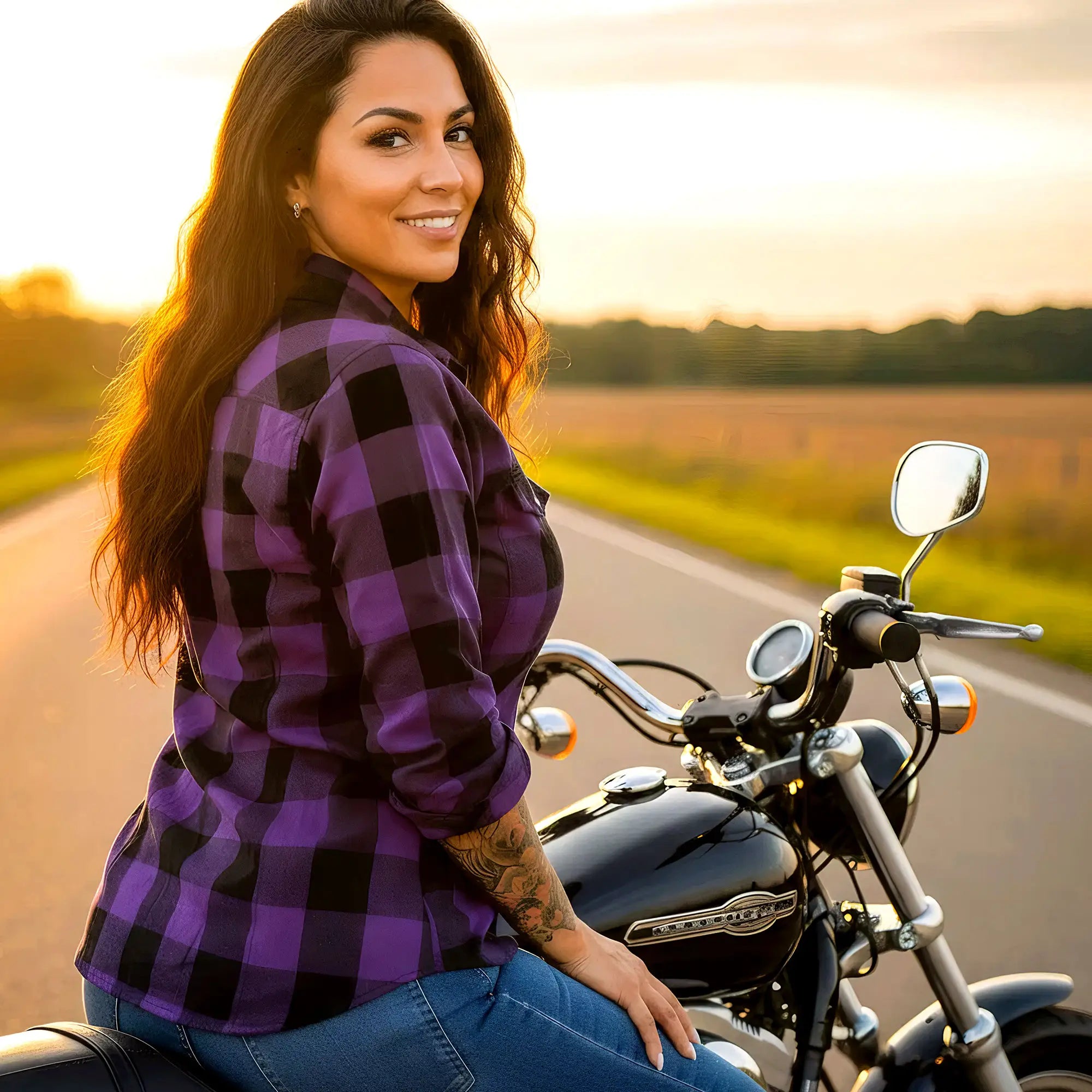 Hot Leathers Ladies 'Open Road' Black/Purple Cotton Flannel Shirt - Button Front - Riding - Casual Wear - FLL3003