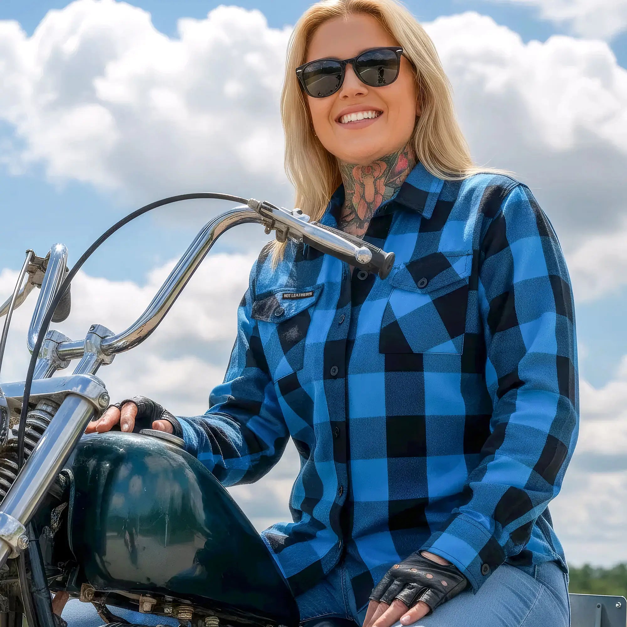 Hot Leathers Ladies 'Wild Road' Black/Aqua Cotton Flannel Shirt - Button Front - Riding - Casual Wear - FLL3004