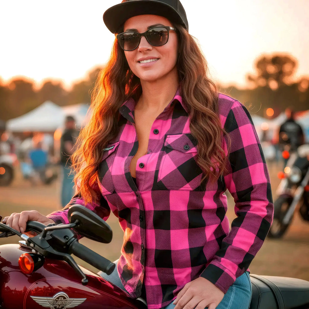 Hot Leathers Ladies 'Black Lantern' Black/Pink Cotton Flannel Shirt - Button Front - Riding - Casual Wear - FLL3005