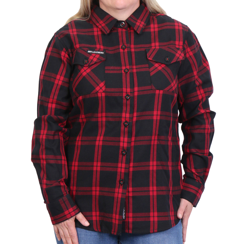Hot Leathers Ladies 'Chrome Dawn' Black/Red Cotton Flannel Shirt - Button Front - Riding - Casual Wear - FLL3009