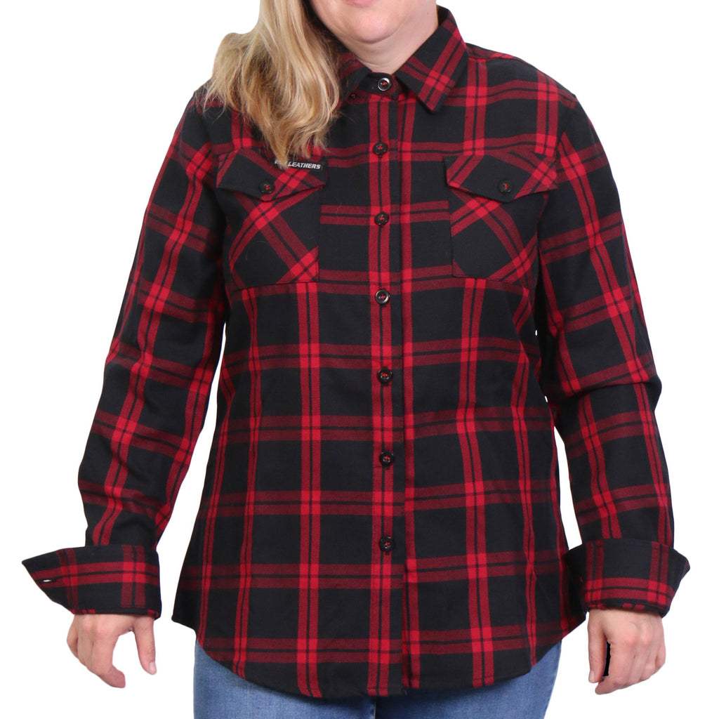Hot Leathers Ladies 'Chrome Dawn' Black/Red Cotton Flannel Shirt - Button Front - Riding - Casual Wear - FLL3009