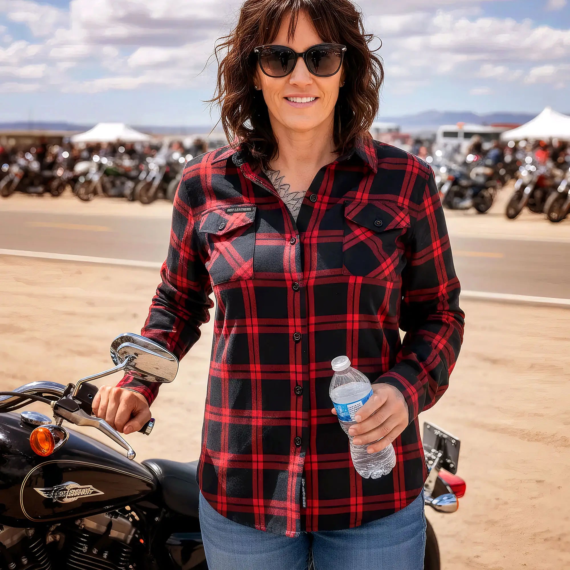 Hot Leathers Ladies 'Chrome Dawn' Black/Red Cotton Flannel Shirt - Button Front - Riding - Casual Wear - FLL3009
