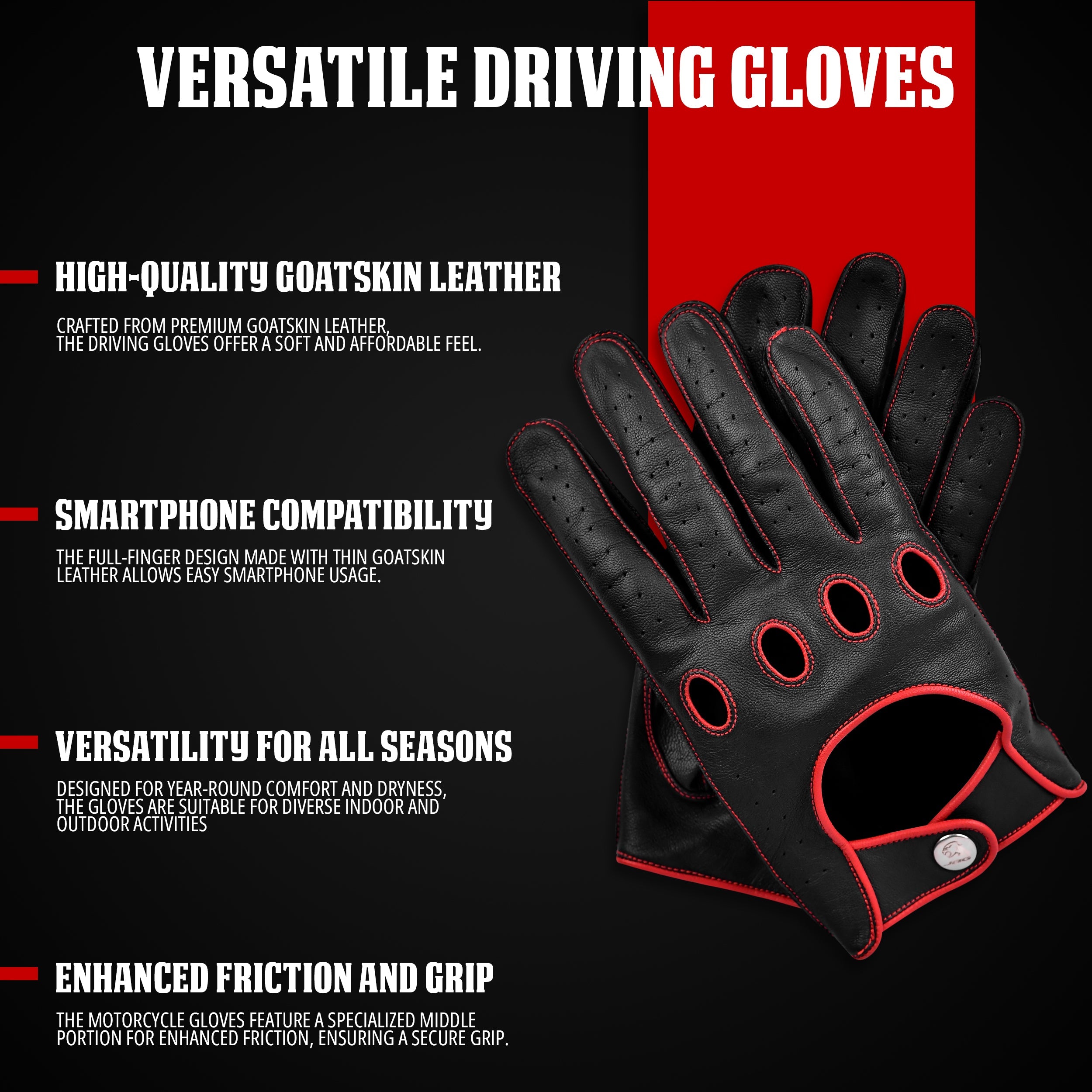 Leather Dark Knight Gloves - Full Finger Design (Red)
