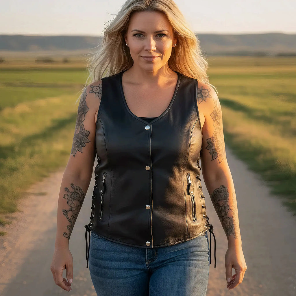Hot Leathers VSL1010 Ladies Motorcycle Black Lambskin Side Lace Biker Vest