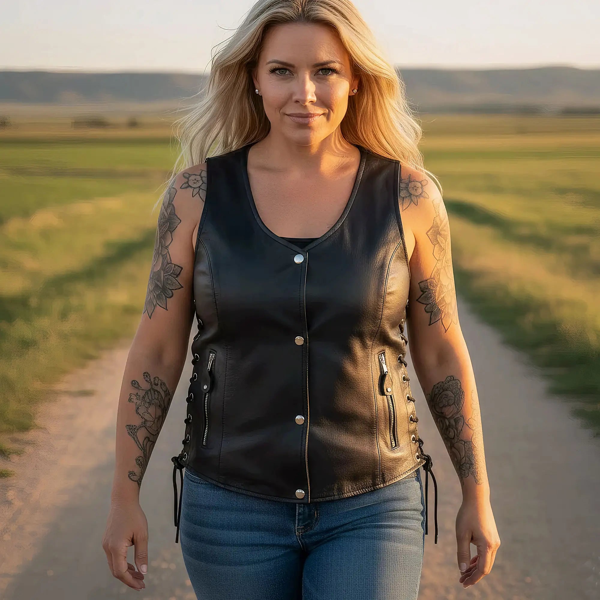 Hot Leathers VSL1010 Ladies Motorcycle Black Lambskin Side Lace Biker Vest
