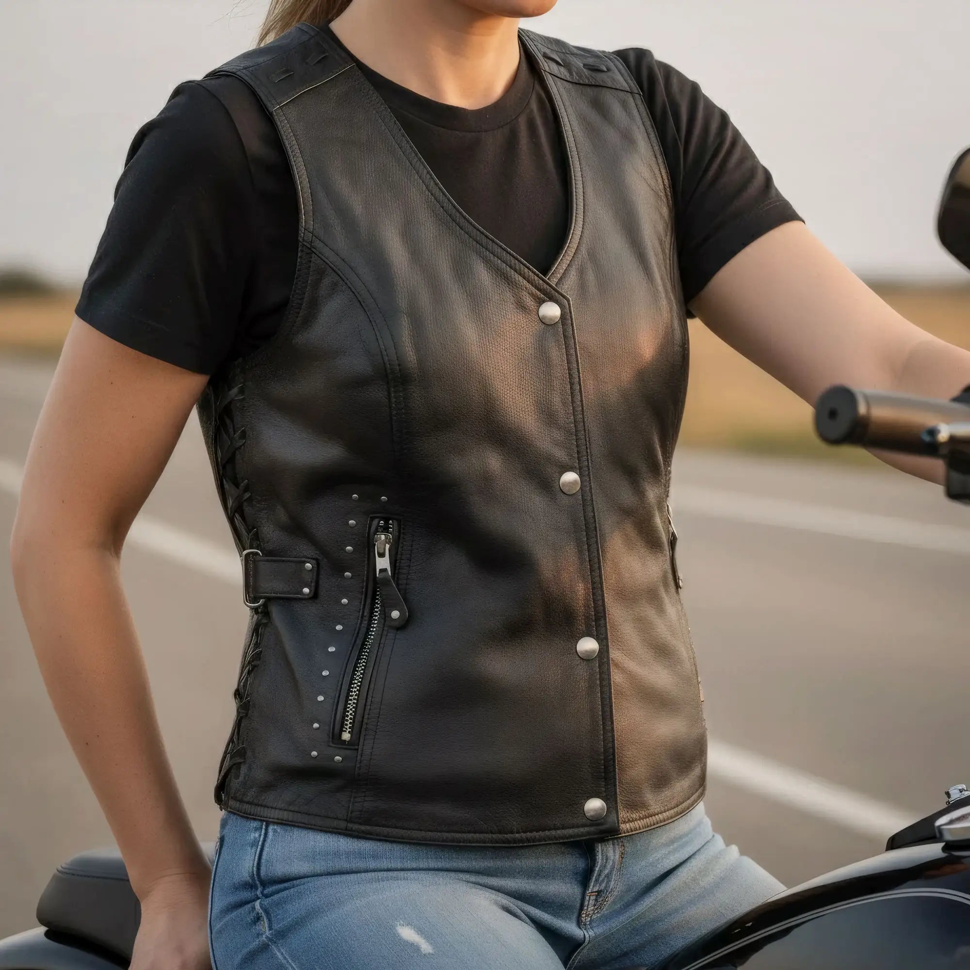 Hot Leathers VSL1014 Ladies Motorcycle style Black Leather Biker Vest with Fringe