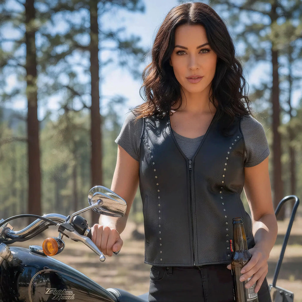 Hot Leathers VSL1015 Ladies Studded Black Motorcycle style Leather Biker Vest with V-Neck Design