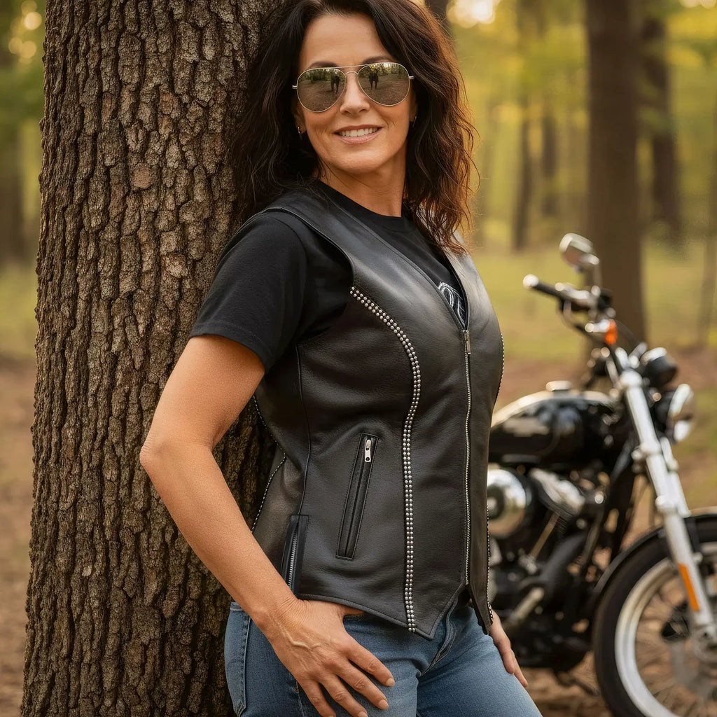 Hot Leathers VSL1016 Ladies Biker 'Rhinestone' Black Leather Motorcycle Vest