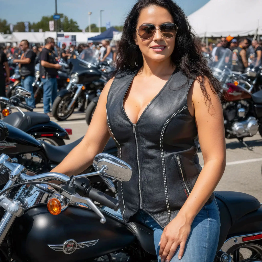 Hot Leathers VSL1016 Ladies Biker 'Rhinestone' Black Leather Motorcycle Vest