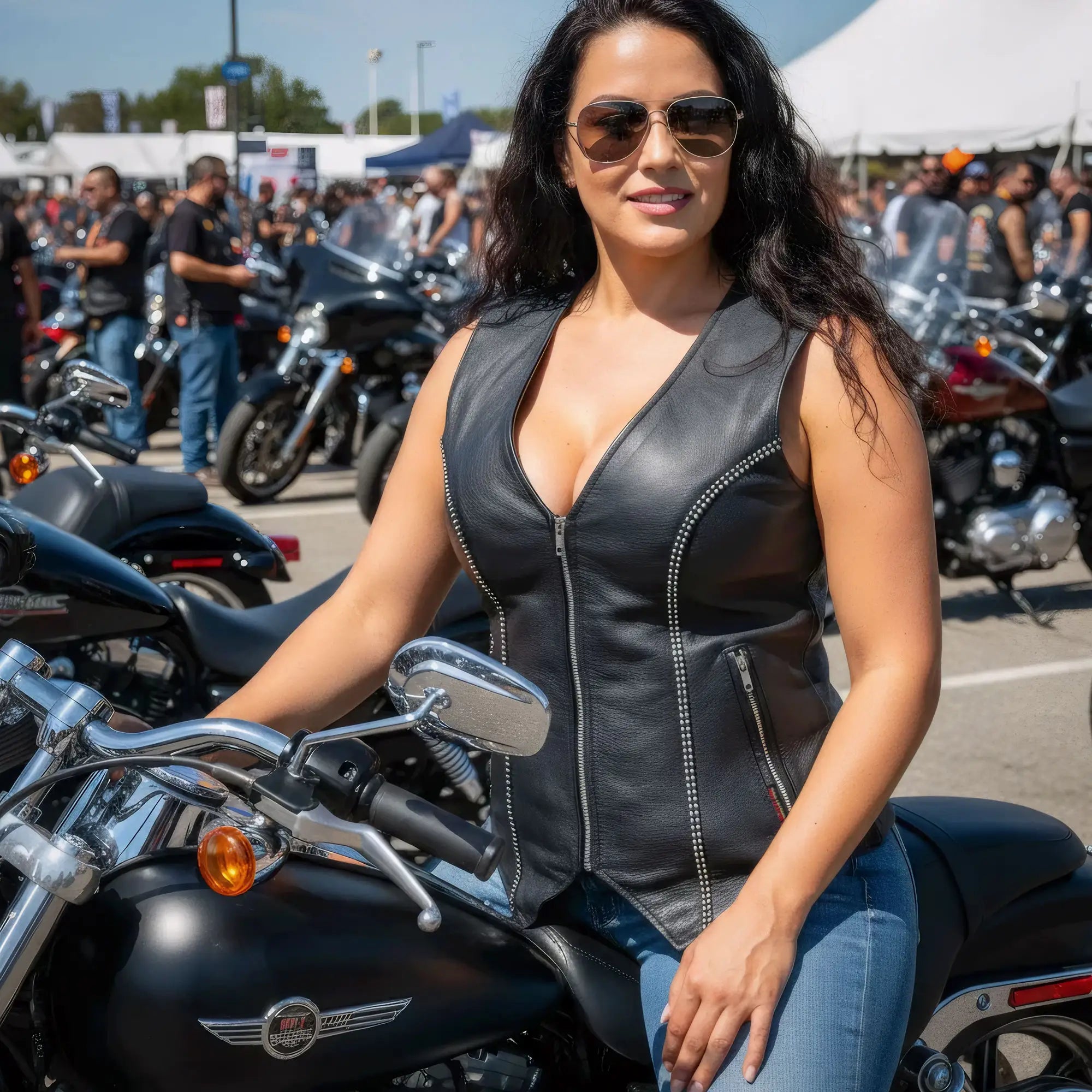 Hot Leathers VSL1016 Ladies Biker 'Rhinestone' Black Leather Motorcycle Vest