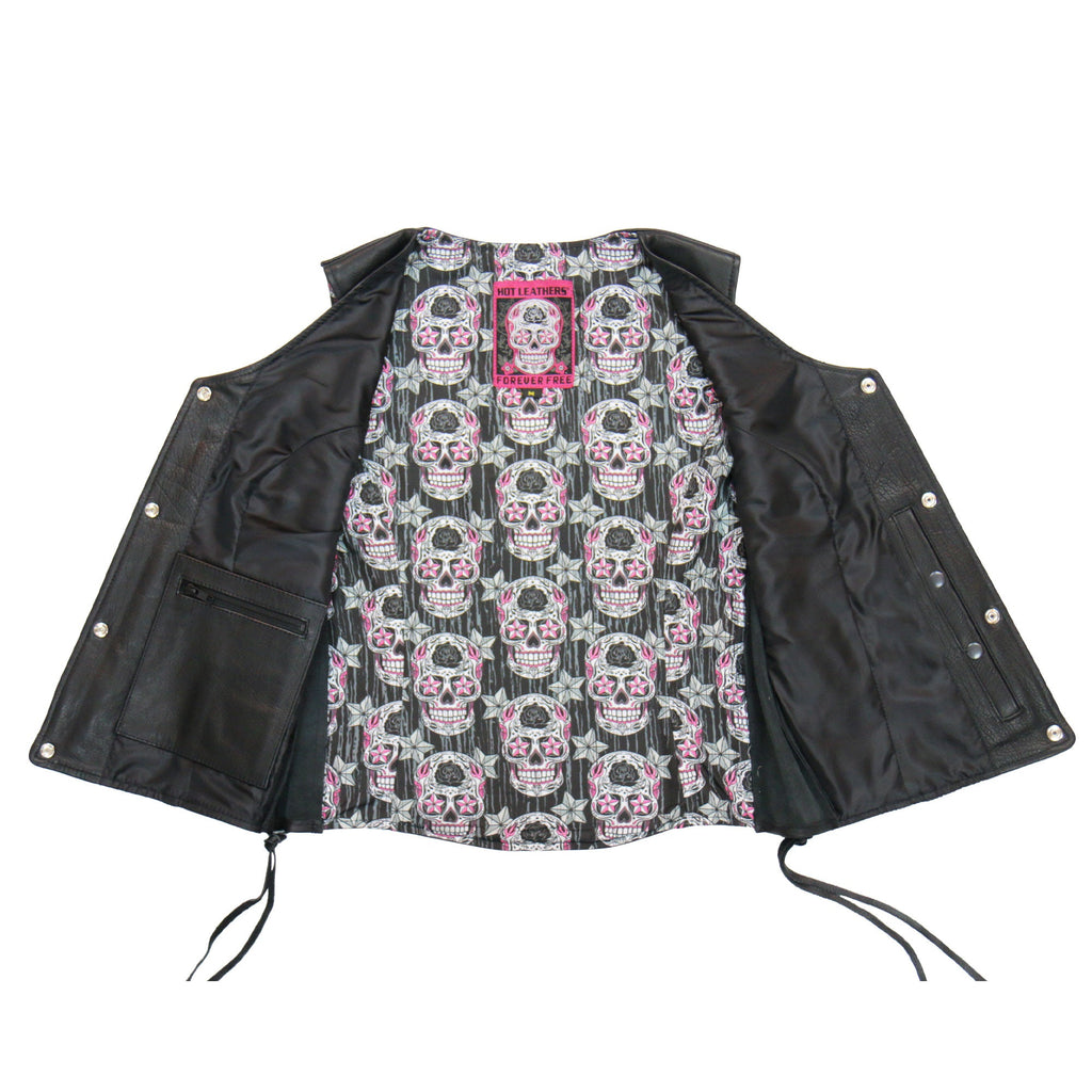 Hot Leathers VSL1017 Ladies 'Sugar Skull' Lined Black Leather Motorcycle Biker Vest