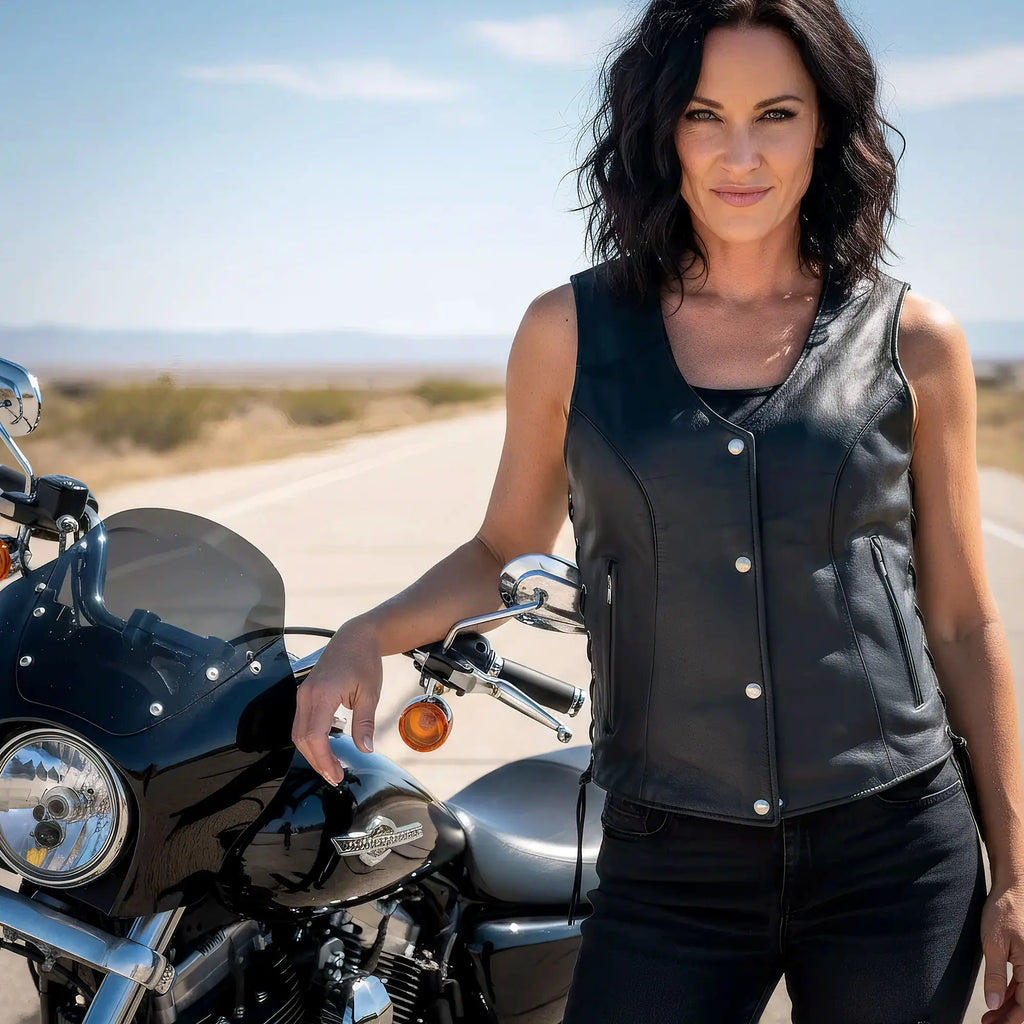 Hot Leathers VSL1017 Ladies 'Sugar Skull' Lined Black Leather Motorcycle Biker Vest