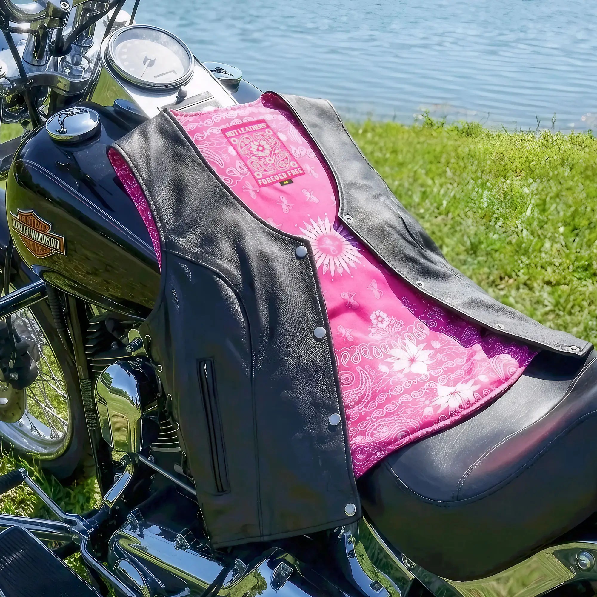 Hot Leathers VSL1018 Ladies 'Pink Paisley' Lined Black Leather Motorcycle Biker Vest