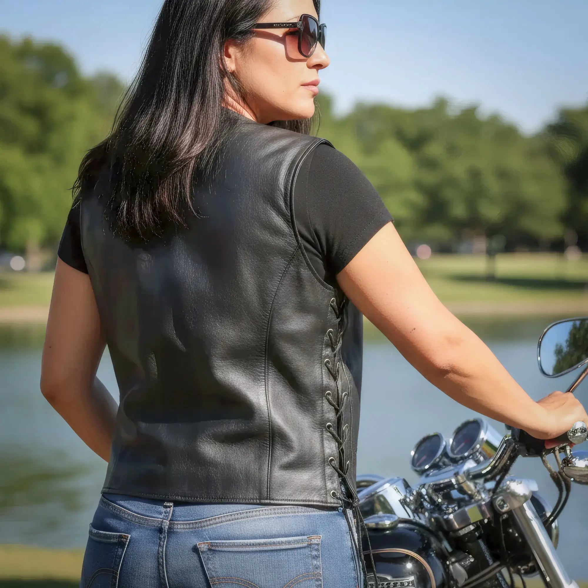 Hot Leathers VSL1018 Ladies 'Pink Paisley' Lined Black Leather Motorcycle Biker Vest