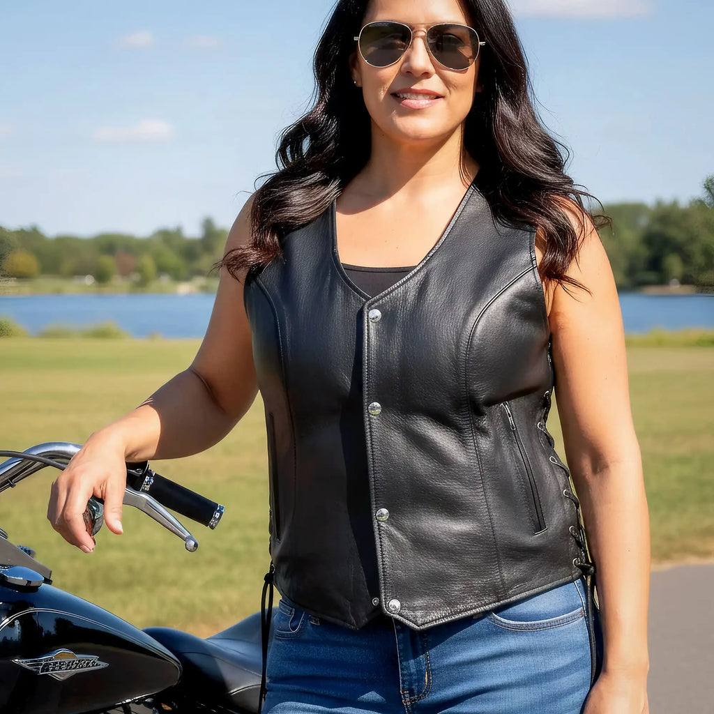 Hot Leathers VSL1018 Ladies 'Pink Paisley' Lined Black Leather Motorcycle Biker Vest