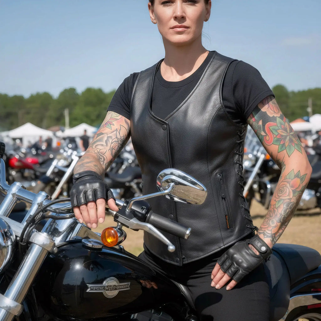 Hot Leathers VSL2001 Ladies Black motorcycle style 'Fleur De Lis Cross' Leather Biker Vest