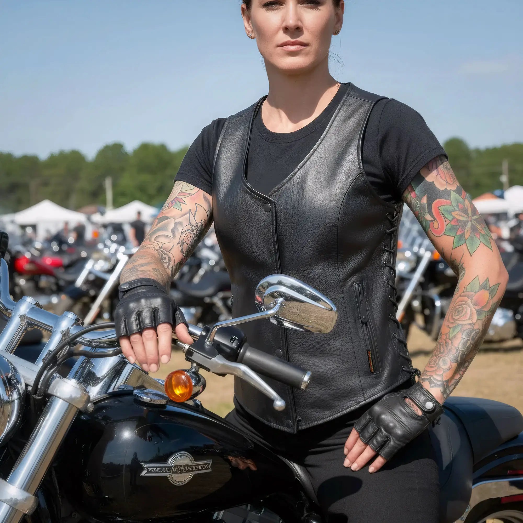 Hot Leathers VSL2001 Ladies Black motorcycle style 'Fleur De Lis Cross' Leather Biker Vest