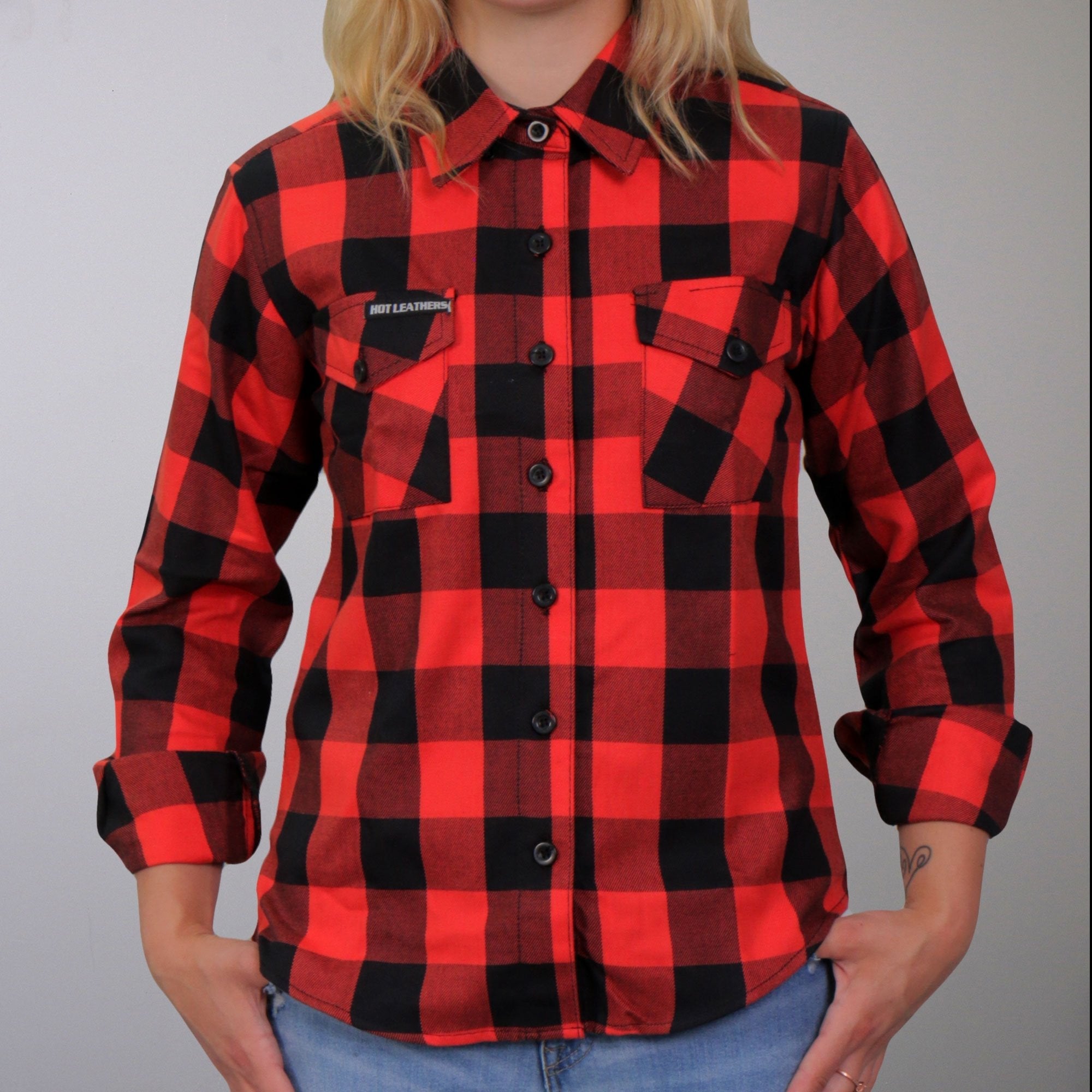 Hot Leathers Ladies 'Red Route' Black Cotton Flannel Shirt - Button Front - Riding - Casual Wear - FLL3002