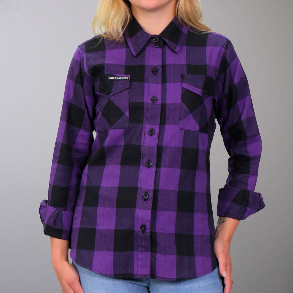 Hot Leathers Ladies 'Open Road' Black/Purple Cotton Flannel Shirt - Button Front - Riding - Casual Wear - FLL3003