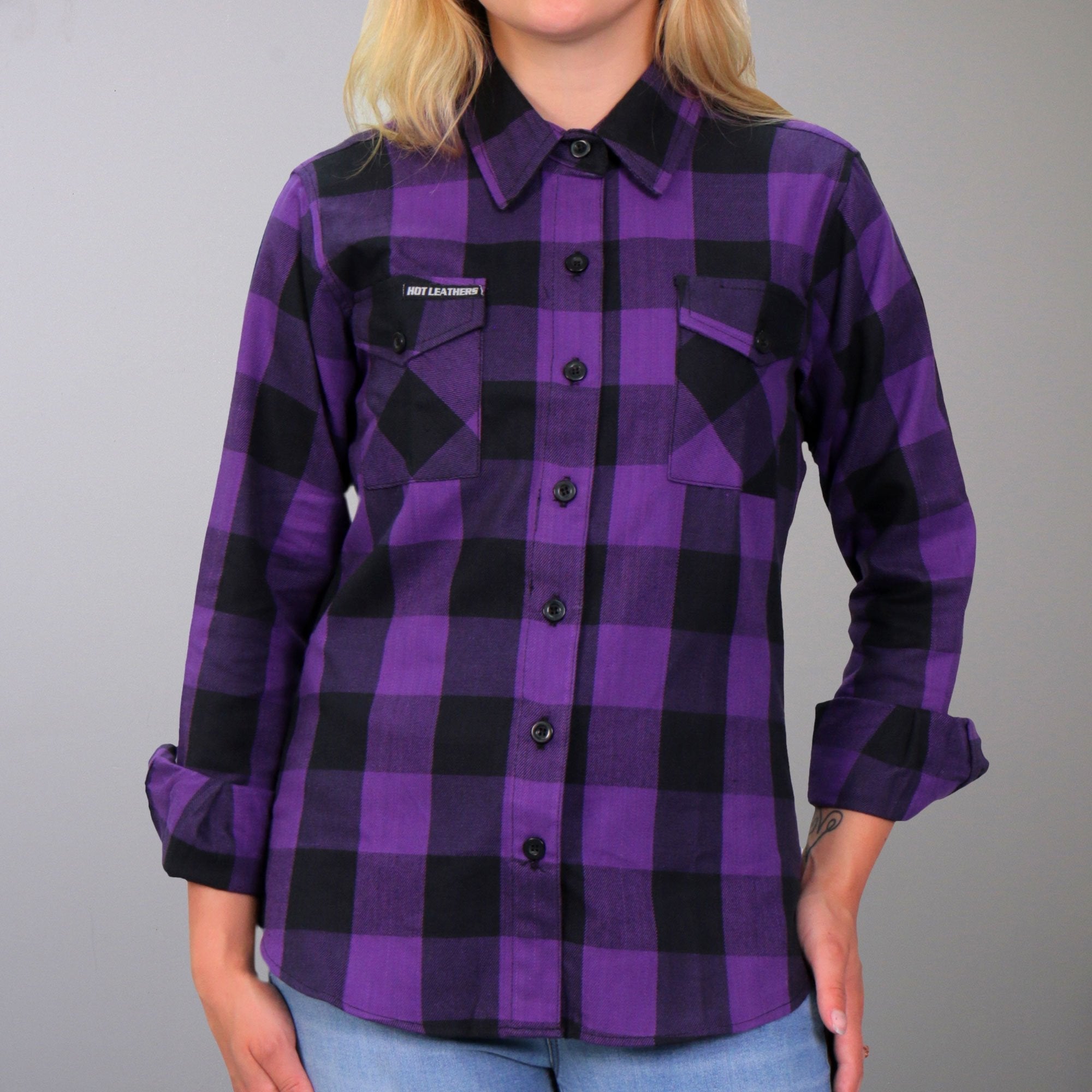 Hot Leathers Ladies 'Open Road' Black/Purple Cotton Flannel Shirt - Button Front - Riding - Casual Wear - FLL3003