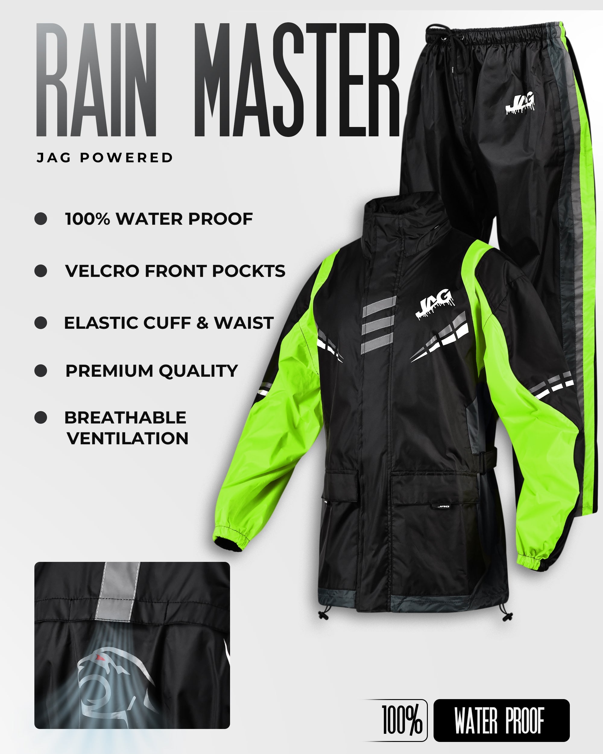 JAG Rainmaster Rain Suit for Men & Women (Black/Green)