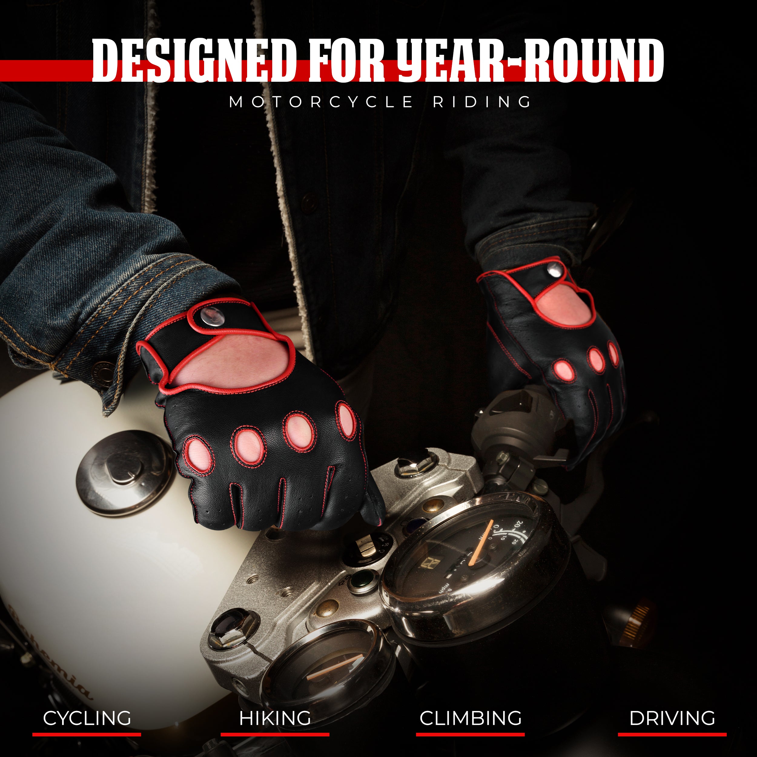 Leather Dark Knight Gloves - Full Finger Design (Red)
