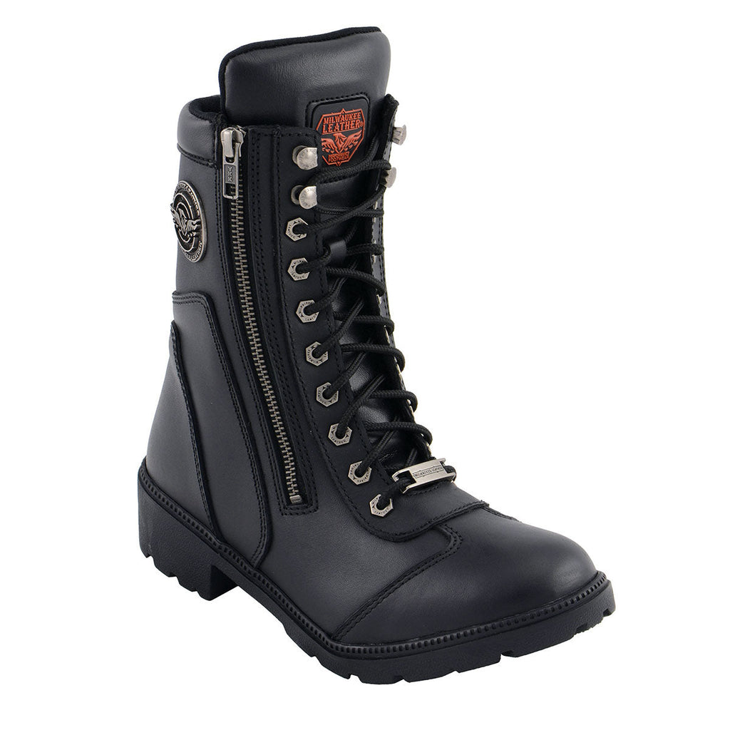 Milwaukee Leather MBL9301 Women's Black Leather Lace-Up Motorcycle Biker Riding Boots with Side Zipper Entry