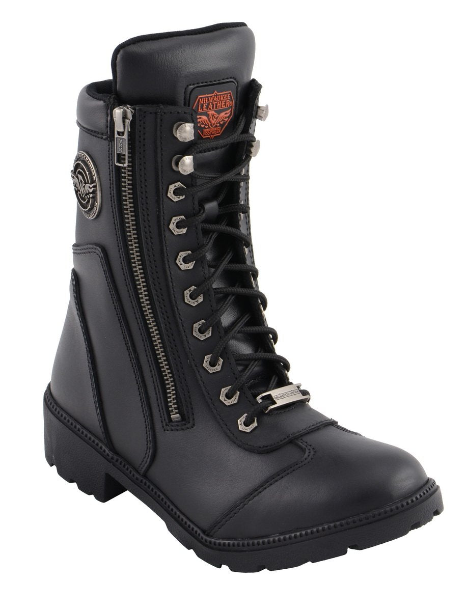 Milwaukee Leather MBL9301 Women's Black Leather Lace-Up Motorcycle Biker Riding Boots with Side Zipper Entry