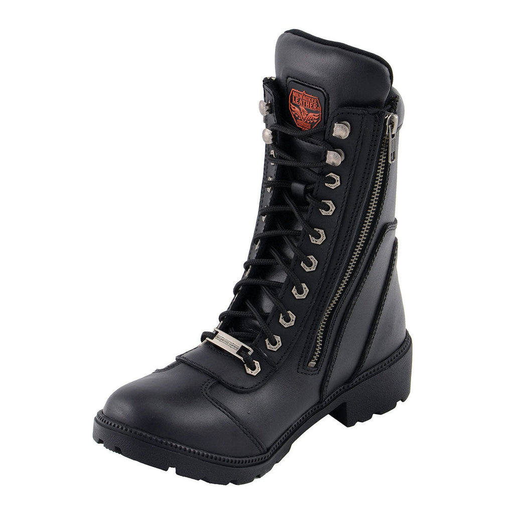 Milwaukee Leather MBL9301 Women's Black Leather Lace-Up Motorcycle Biker Riding Boots with Side Zipper Entry