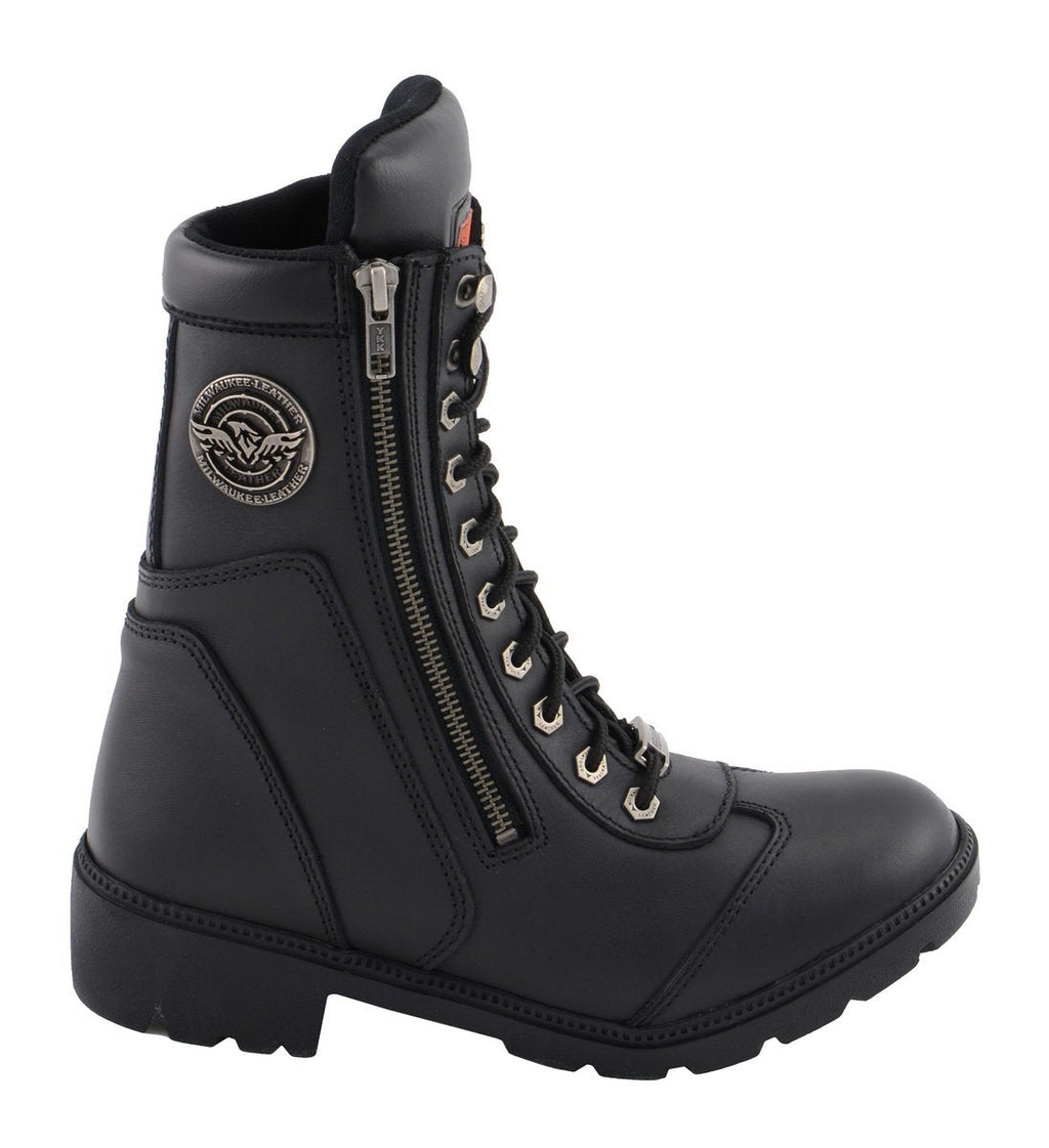 Milwaukee Leather MBL9301 Women's Black Leather Lace-Up Motorcycle Biker Riding Boots with Side Zipper Entry