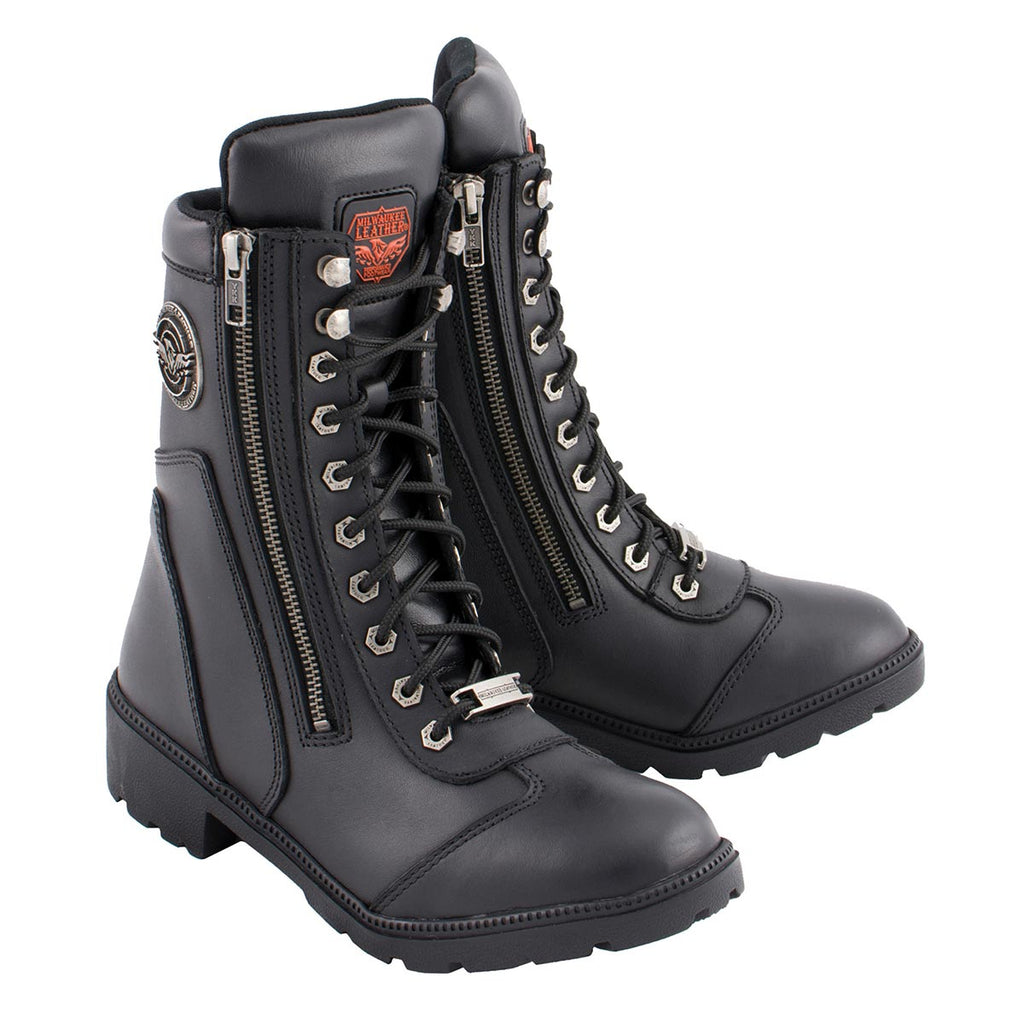 Milwaukee Leather MBL9301 Women's Black Leather Lace-Up Motorcycle Biker Riding Boots with Side Zipper Entry