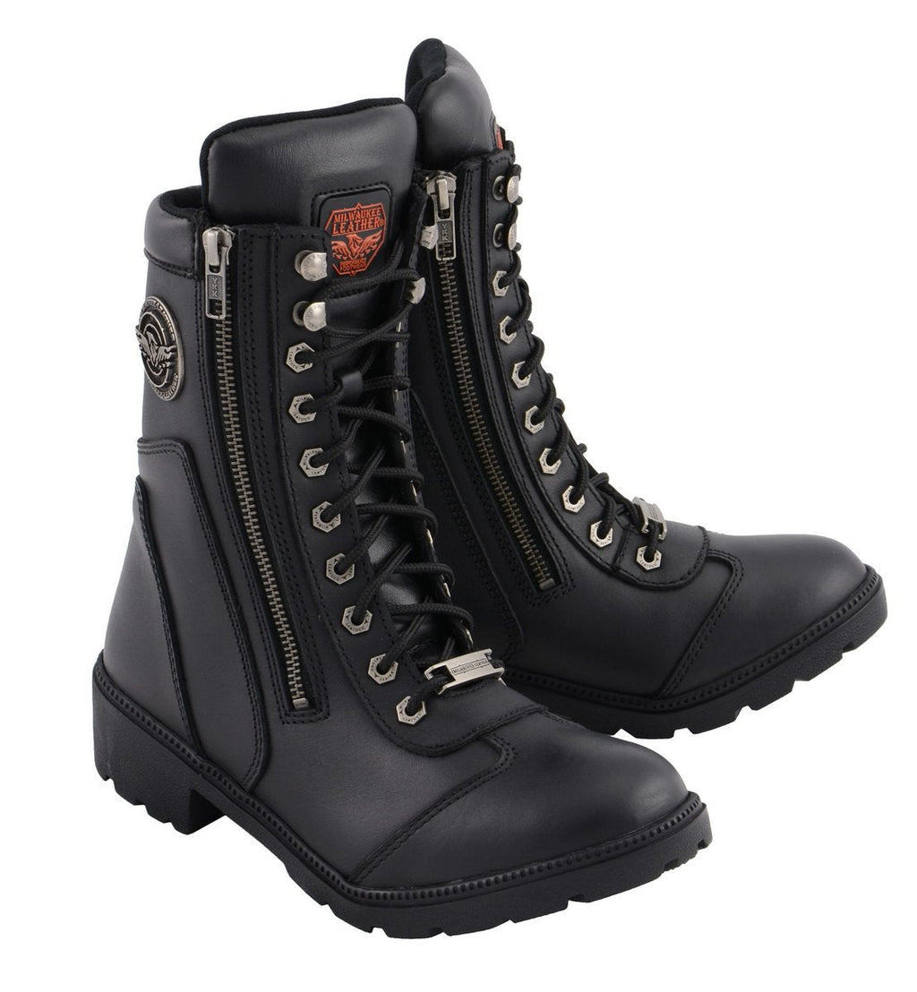 Milwaukee Leather MBL9301 Women's Black Leather Lace-Up Motorcycle Biker Riding Boots with Side Zipper Entry