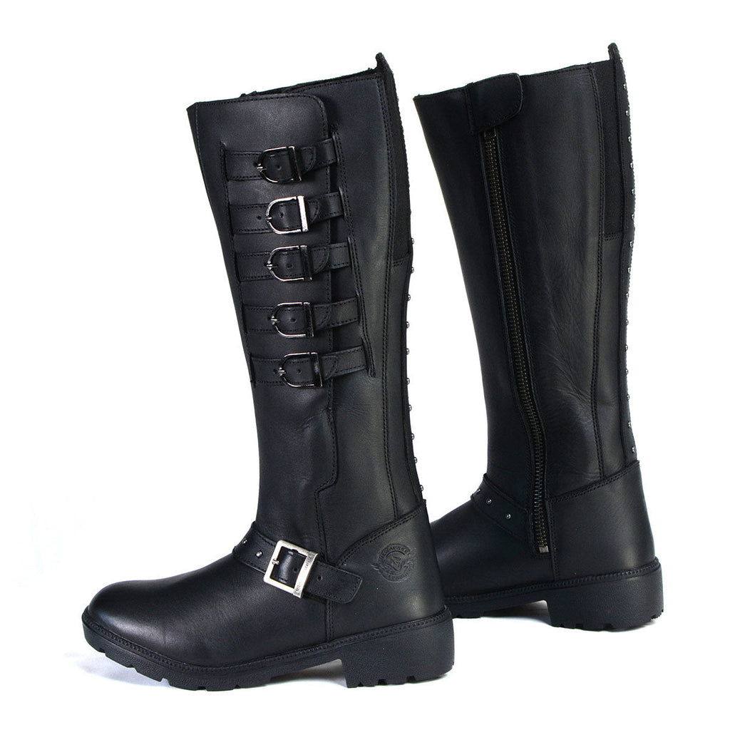Milwaukee Leather MBL9395 Women's Black Leather 17-Inch Side Strap Riding Motorcycle Boots with Side Zipper