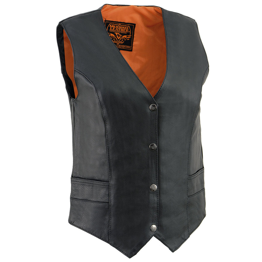 Milwaukee Leather ML1253 Women's Black Premium Leather Motorcycle Rider Vest w/ Snap Button Closure