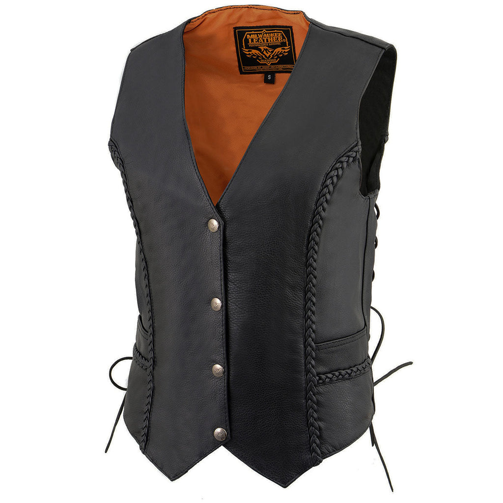 Milwaukee Leather ML1255 Women's Black Braided Premium Leather Side Lace Motorcycle Rider Vest