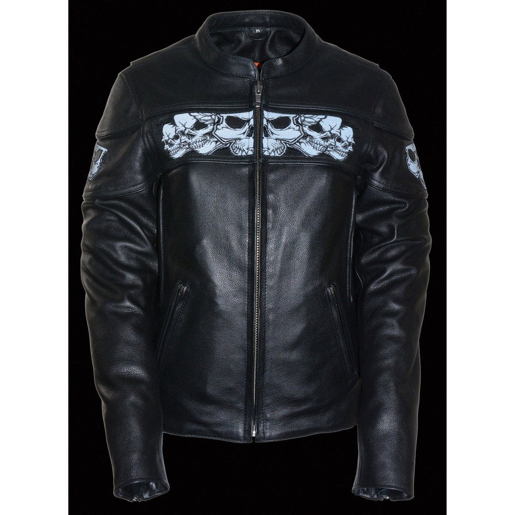 Milwaukee Leather MLL2540 Women's Crossover Black Leather Scooter Jacket w/ Reflective Skull Graphic