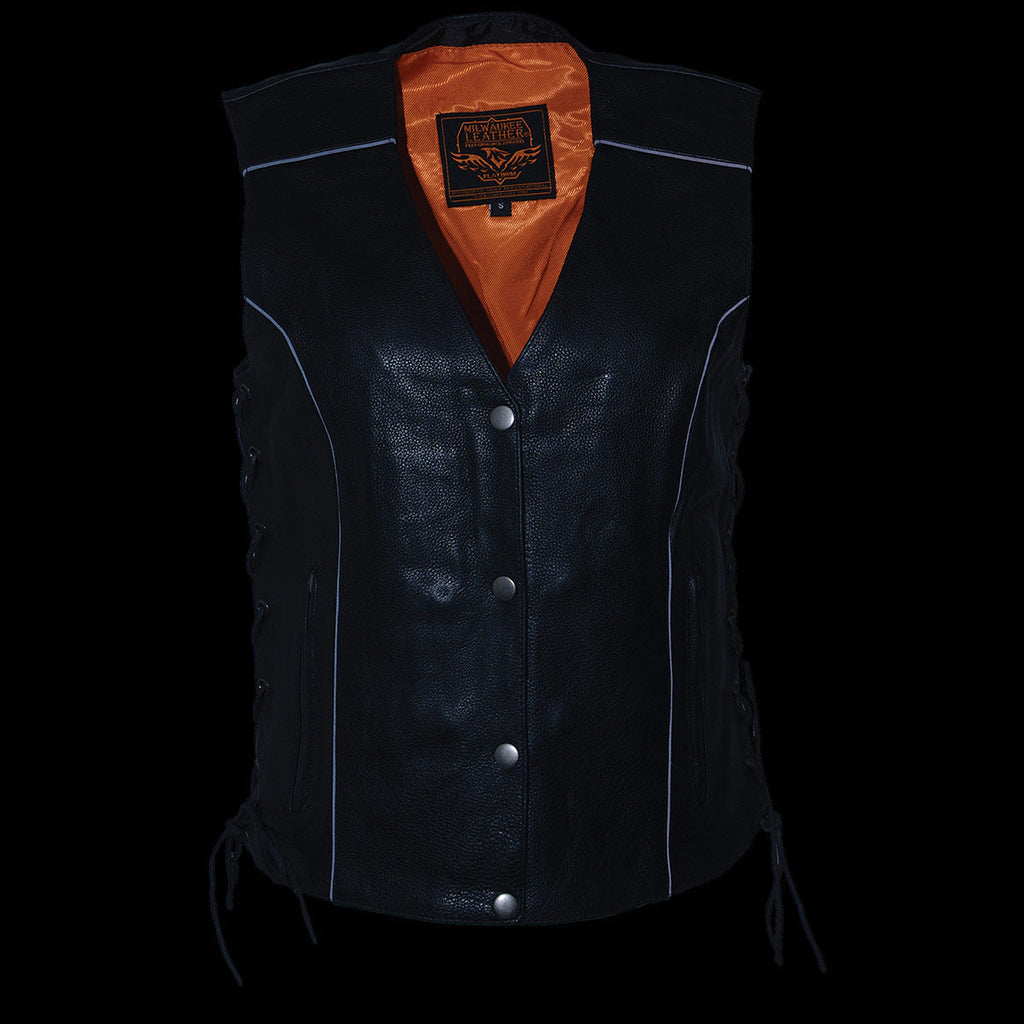 Milwaukee Leather MLL4500 Women's Classic Black Leather V-Neck Motorcycle Rider Vest w/ Side Laces