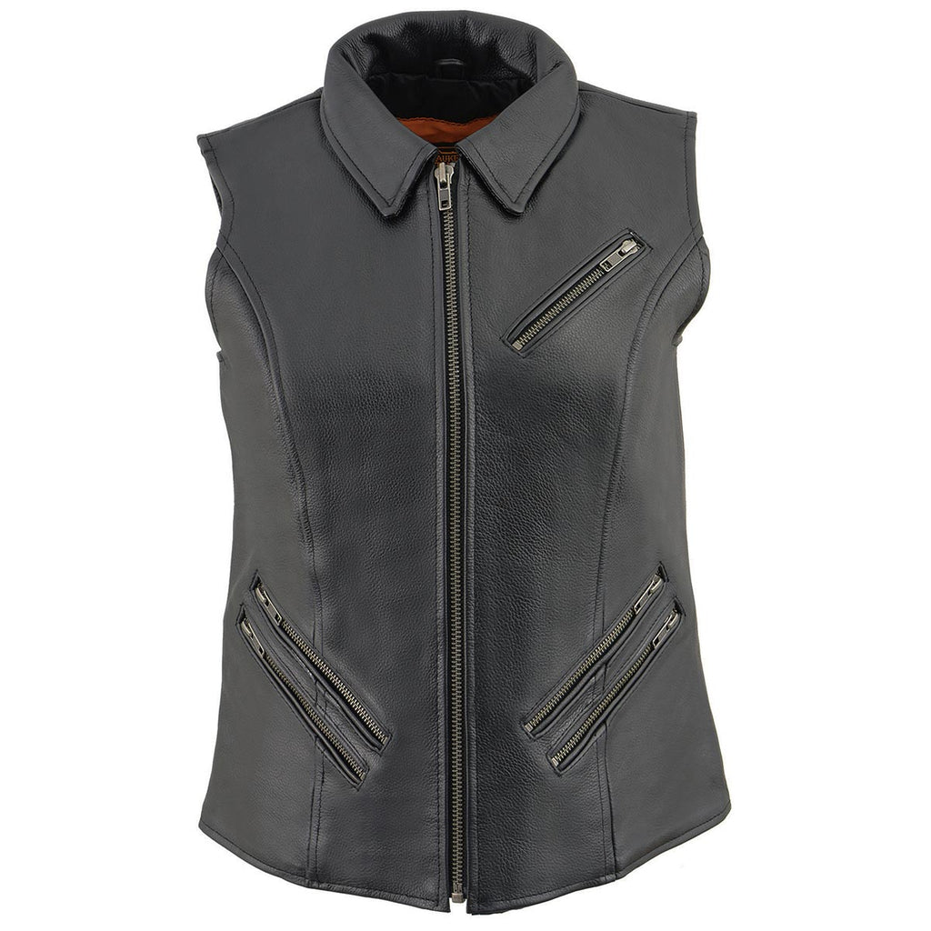 Milwaukee Leather MLL4520 Women’s Black Shirt Collar Motorcycle Rider Vest w/ 4 Front Lower Pockets