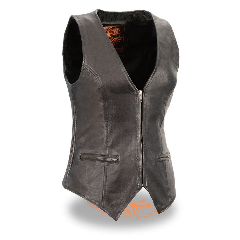 Milwaukee Leather MLL4555 Women's Black Premium Leather Zipper Closure Motorcycle Rider Vest w/ Stretch Side Panel