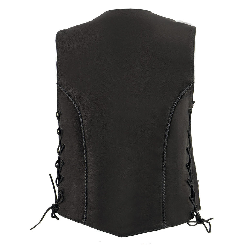 Milwaukee Leather MLL4560 Women's Black Premium Leather Classic Braided Side Lace Deep V-Neck Motorcycle Rider Vest