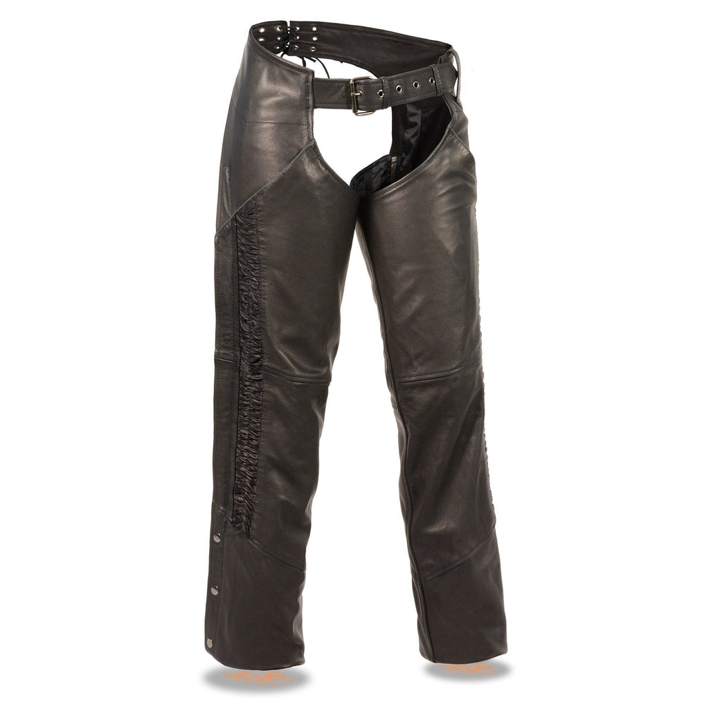 Milwaukee Leather Women's Black Leather Hip Set Motorcycle Chaps w/ Crinkled Leg Striping MLL6500
