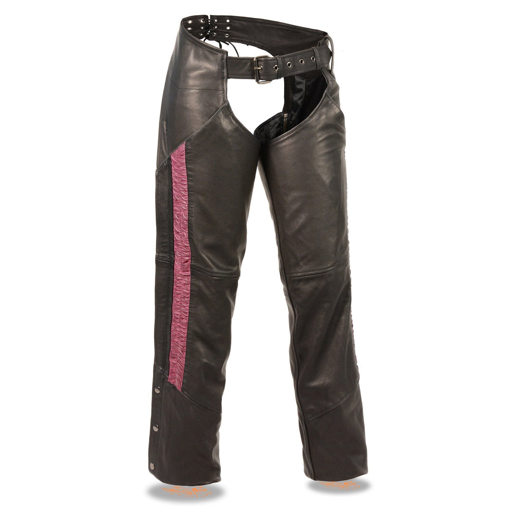 Milwaukee Leather Women's Black Premium Leather Motorcycle Rider Chaps w/ Purple Crinkled Stripes-Reflective Trim MLL6500