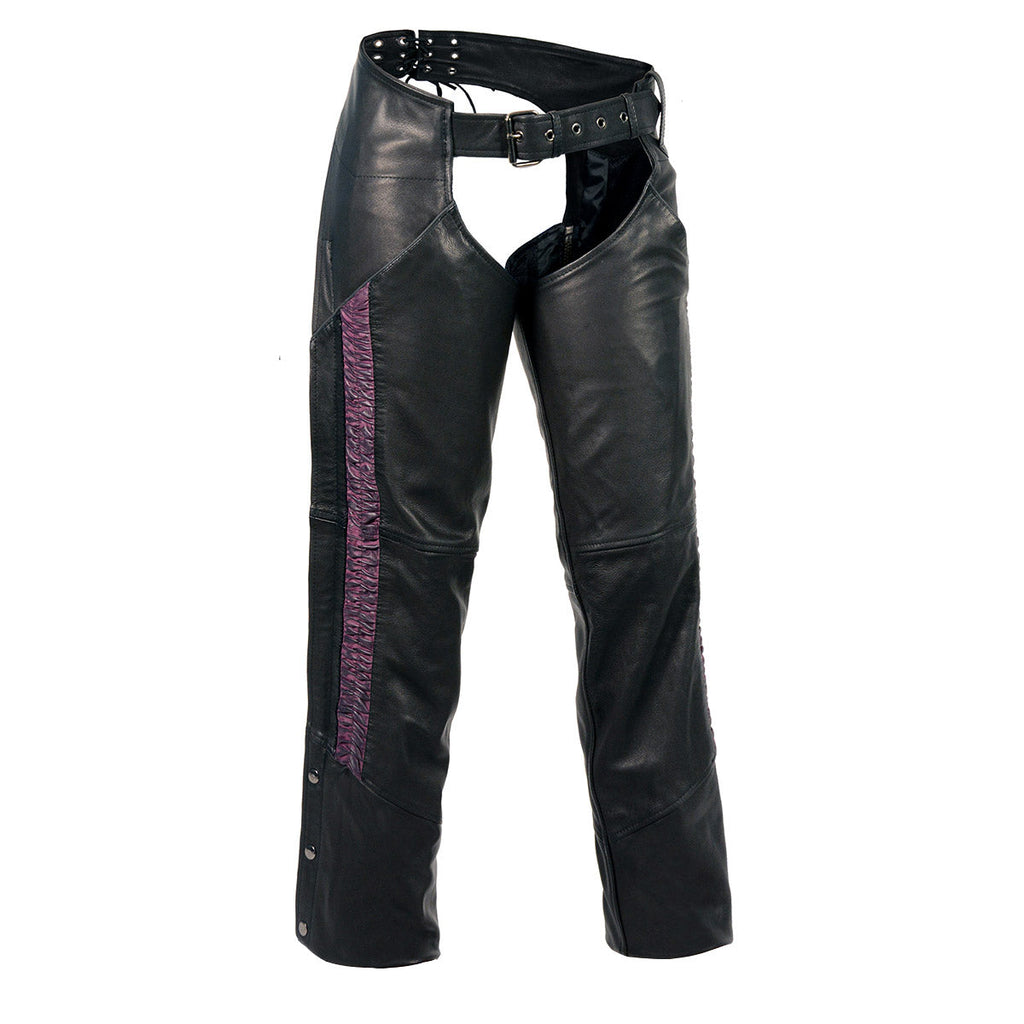 Milwaukee Leather Women's Black Premium Leather Motorcycle Rider Chaps w/ Purple Crinkled Stripes-Reflective Trim MLL6500