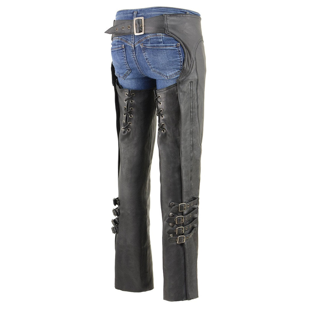 Milwaukee Leather Women's Black Premium Leather Motorcycle Rider Protective Chaps MLL6520