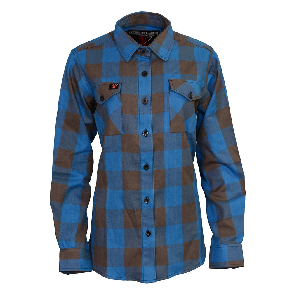 Milwaukee Leather Ladies 'Ridge' Brown/Aqua Long Sleeve Flannel - Cotton Button Up Shirt - MNG21618