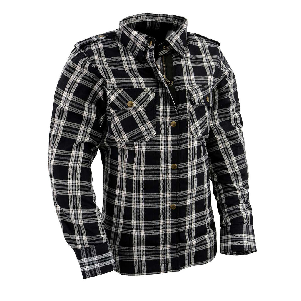 Milwaukee Leather Women's Ghost Rose Black/White CE Armored Flannel Shirt with Aramid Reinforced Zones - MPL2600