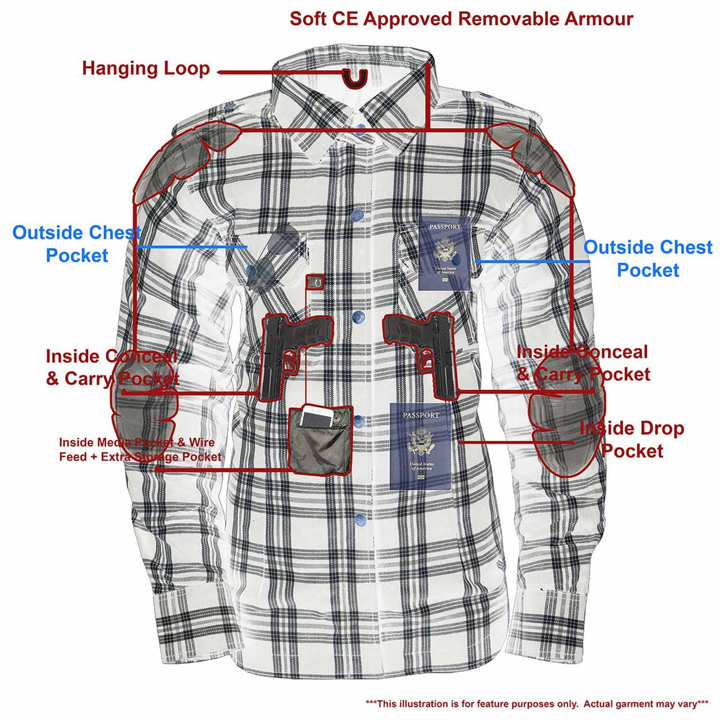 Milwaukee Leather Women's Ghost Rose Black/White CE Armored Flannel Shirt with Aramid Reinforced Zones - MPL2600
